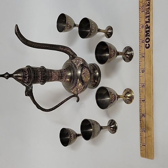 Vintage Brass Pewter Middle Eastern Etched Engraved Pot Plus (6) Goblets - Picture 2 of 10